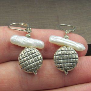 Sterling Silver Textured Circle White Shell Dangle Earrings Vintage
